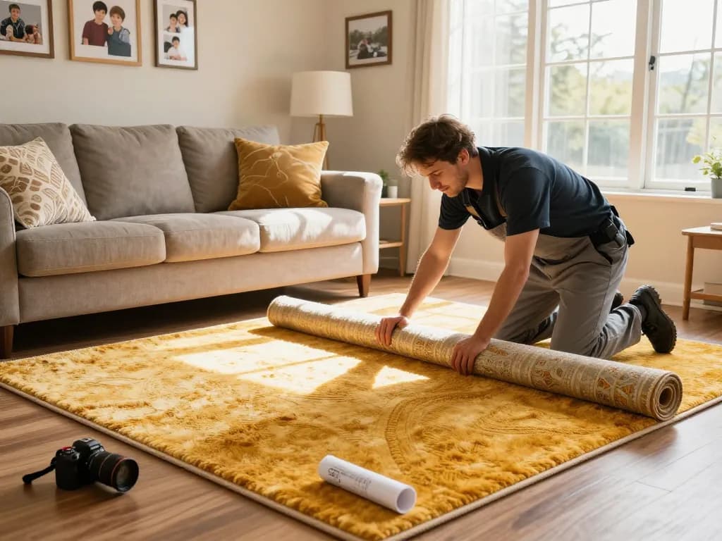 Residential carpet installation in a cozy living room with a professional installer at work.
