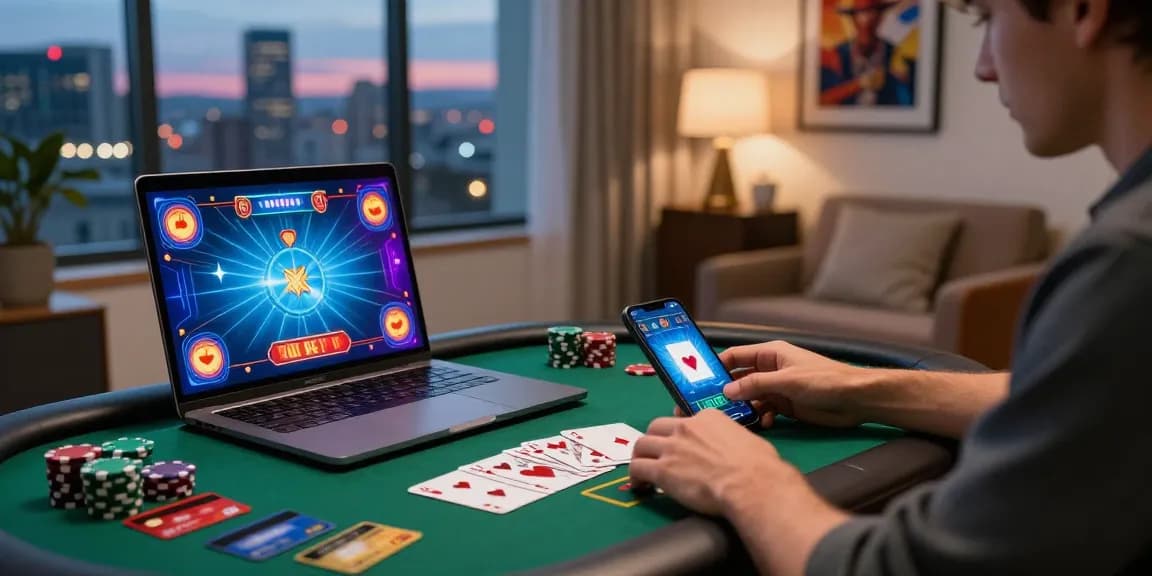 Engaging scene of a player enjoying online casinos that accept credit cards with vibrant graphics and cozy home office setup.