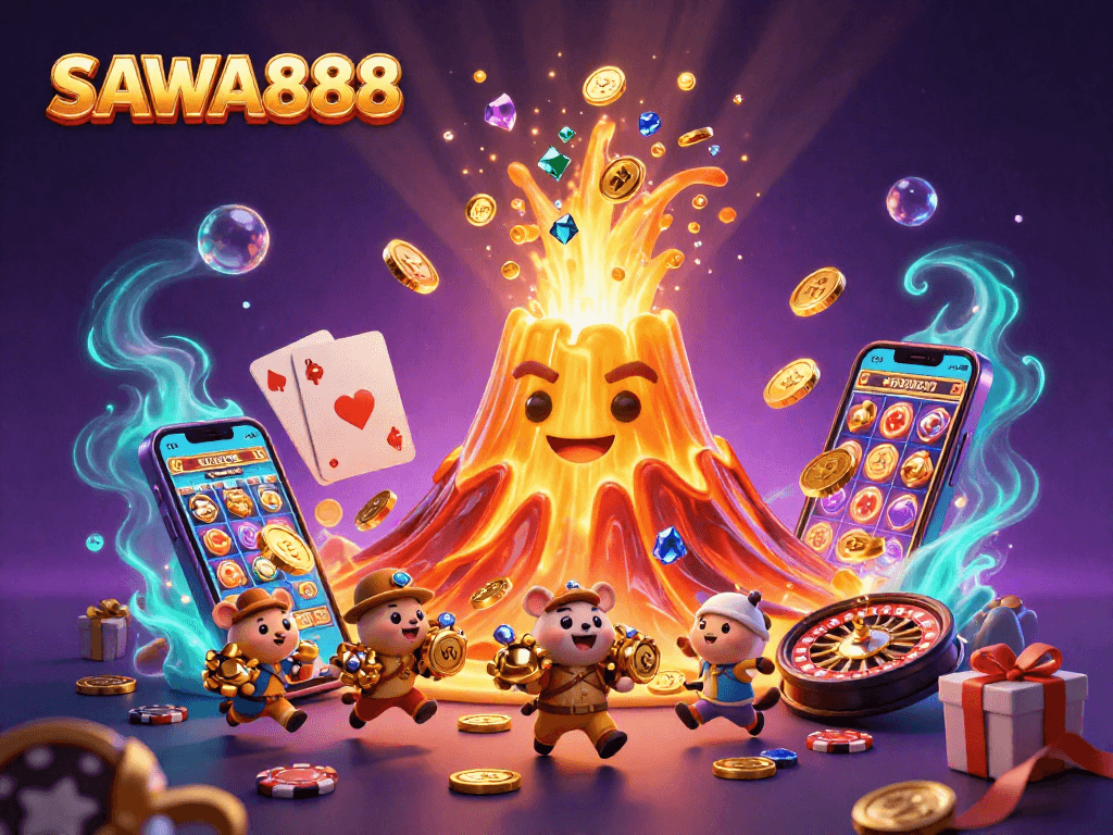 Experience the excitement of SAWA888, featuring a golden volcano erupting coins and thrilling gaming elements.