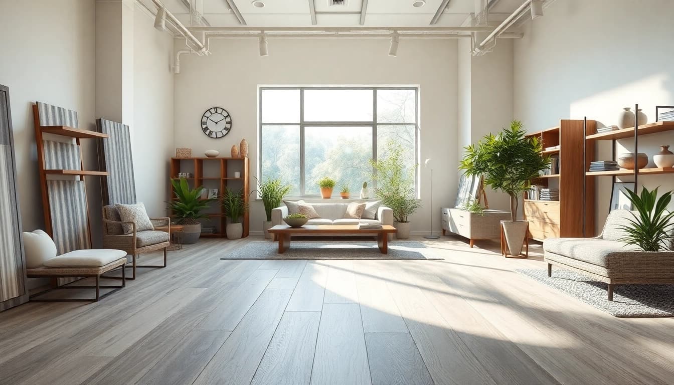 Explore high-quality LVP flooring near me in a stylish showroom setting, highlighting the grey oak sample.