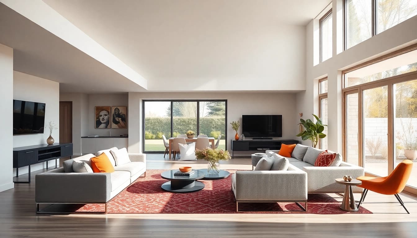 Basement renovation featuring a modern, open layout with bright lighting and stylish decor.