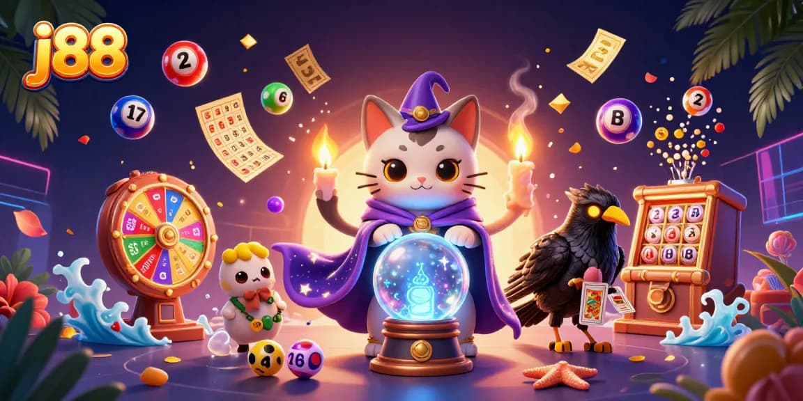 Engage in thrilling gaming at j88 with vibrant lottery elements and mystical characters.