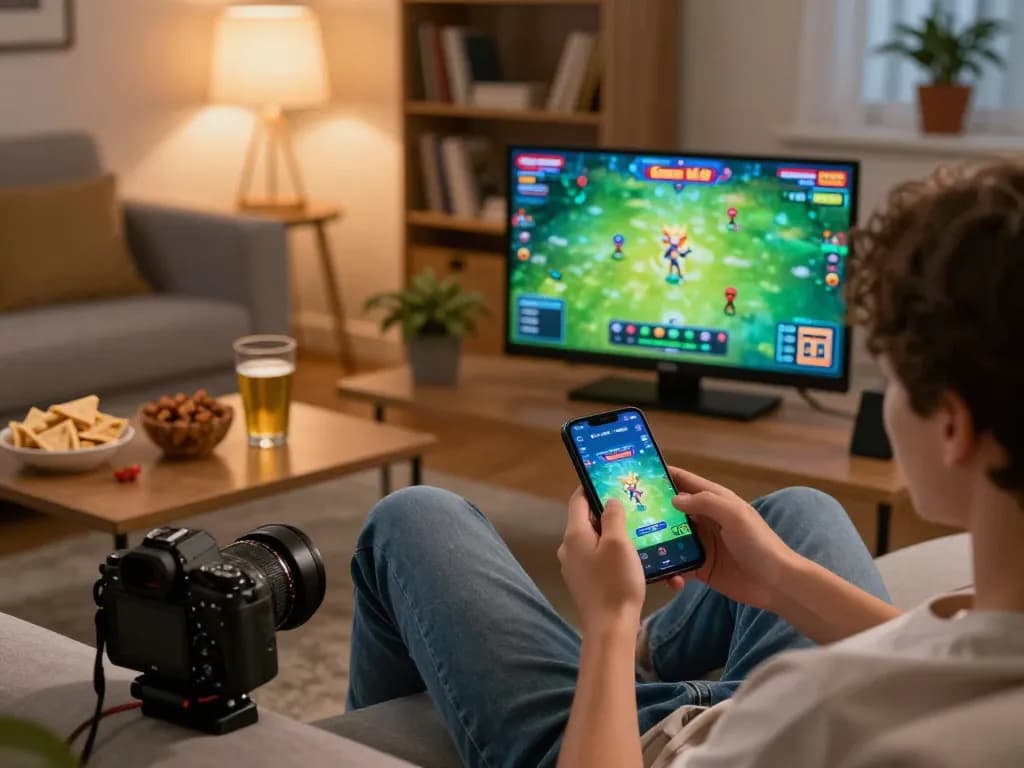 Engaging in Game tài xỉu on a smartphone in a cozy living room environment.