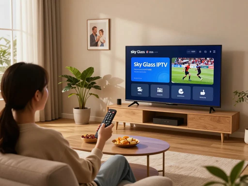 Experience Sky Glass IPTV Updated APP 2026 on a cozy smart TV setup for seamless streaming.