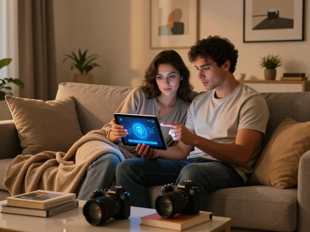 Couple exploring sex AI technology together, engaging with a voice-controlled device in a cozy living room.