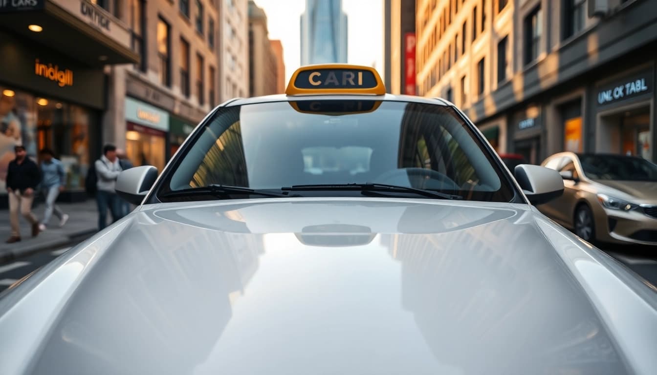 Cabs parked in a bustling urban setting with pedestrians and shops, showcasing modern transportation.