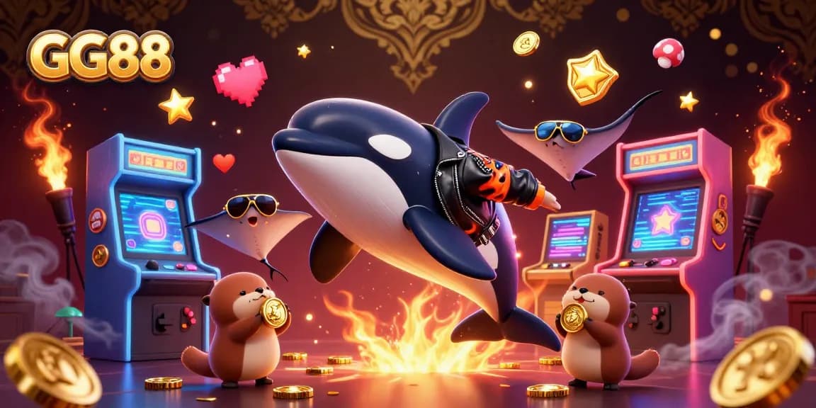 Experience the excitement of GG88 with a lively scene featuring an orca biker, stingray aviator, and otters holding coins.