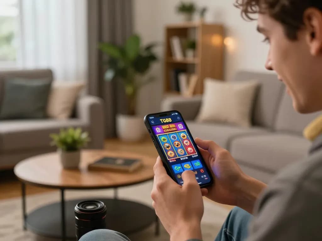 Engaged player using the TG88 link for strategic online gaming in a cozy home setting.