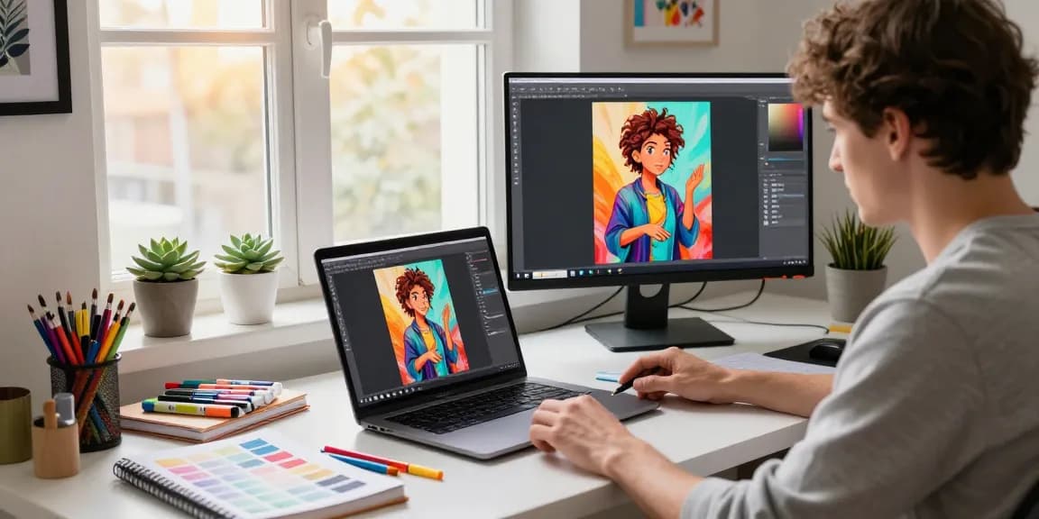 Digital artist using an image to prompt tool in a vibrant workspace full of art supplies.