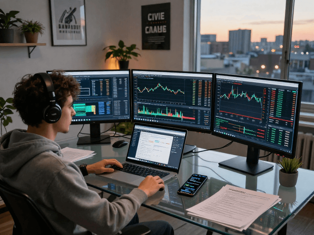Escenario de un trader usando Immediate Edge en un espacio de trabajo moderno.