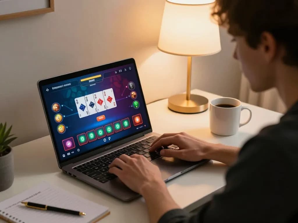 Engaged player enjoying a poker game online via 678vip on a laptop at home, showcasing responsible gaming.