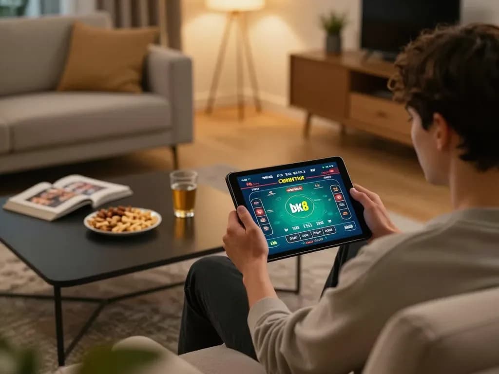 Player engaged in online gaming on a tablet at home, featuring bk8 dad casino interface for a relaxed atmosphere.