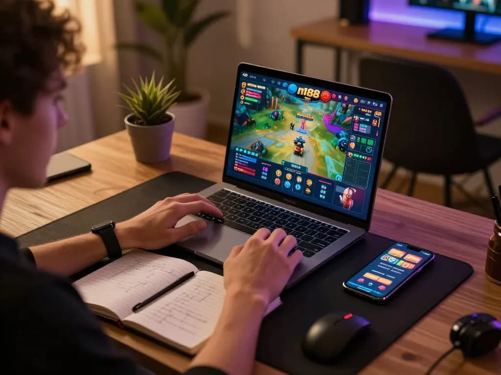 Player enjoying online casino gaming with n188 on a laptop, smartphone nearby for real-time betting