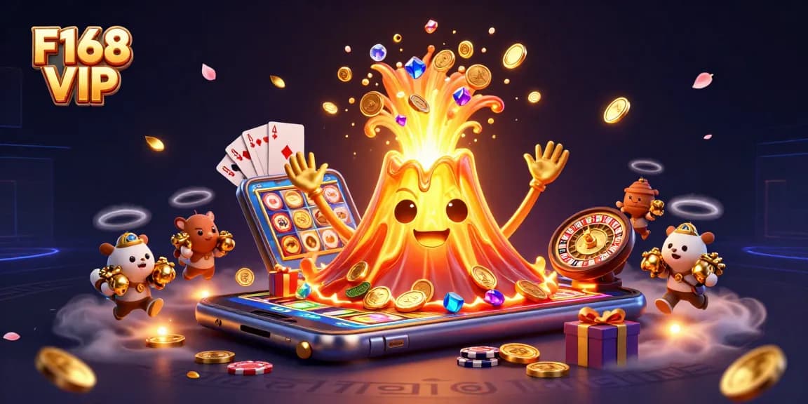 Experience F168 VIP with triumphant treasure flows from the golden volcano in this vibrant casino scene
