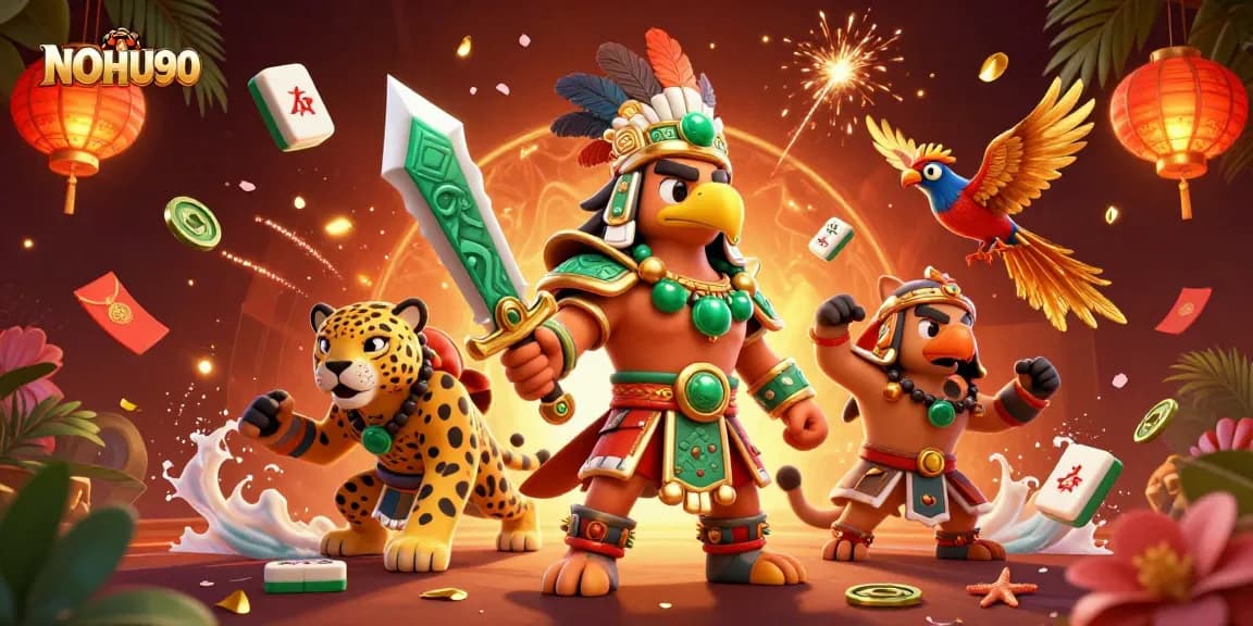 Engage with NOHU90's exciting 3D casino scene filled with vibrant game elements and heroic characters.