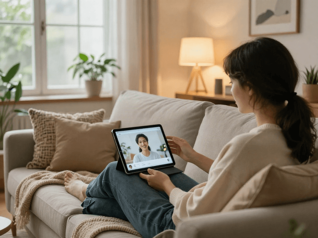 Engaging in porn ai chat on a tablet in a cozy living room, showcasing comfort and connection.