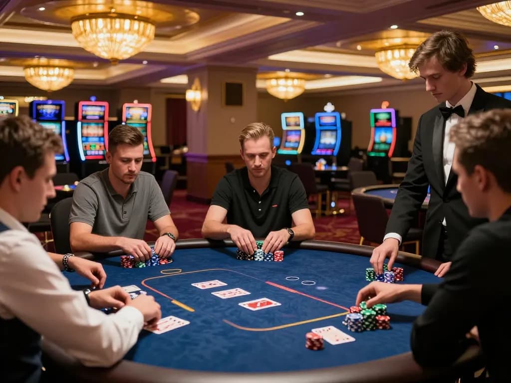 Engaged players at tg88 poker table with chips stacked and dealer shuffling cards