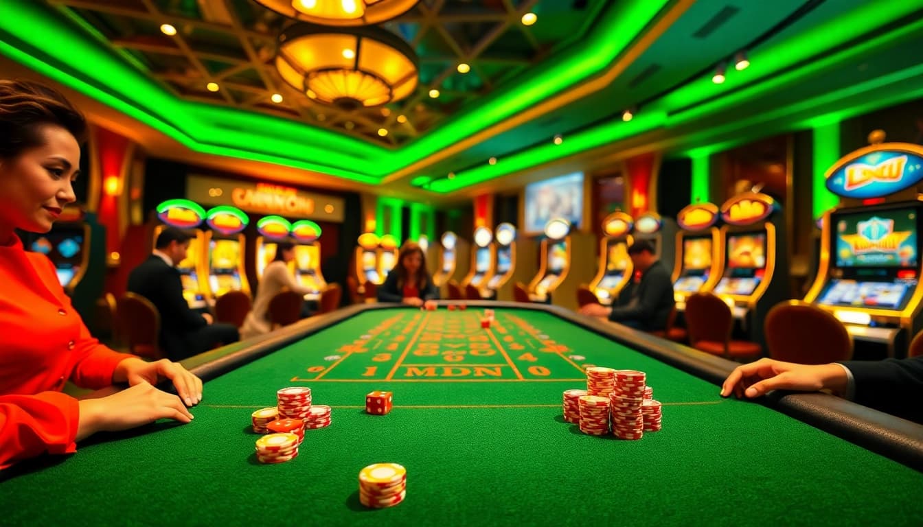 Tài xỉu md5 gaming table with vibrant atmosphere, colorful chips, and excited players.