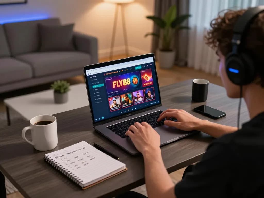 fly88 online gaming experience with a player engaged on laptop, cozy home setup