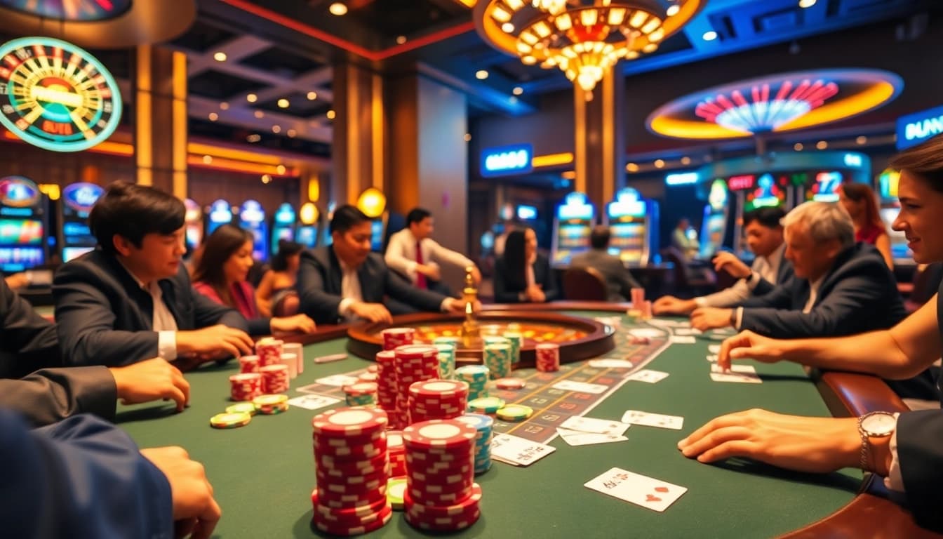 Intense gambling action at a luxury poker table, featuring hm88 exclusive games and vibrant poker chips.