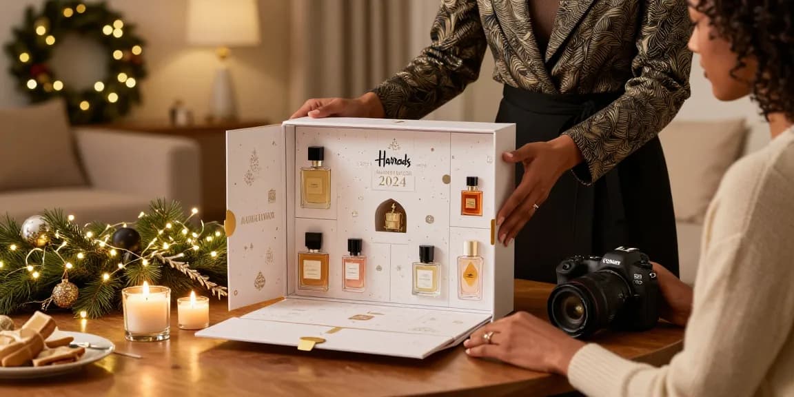 Unboxing the Harrods Advent calendars harrods in a festive living room with elegant fragrances.