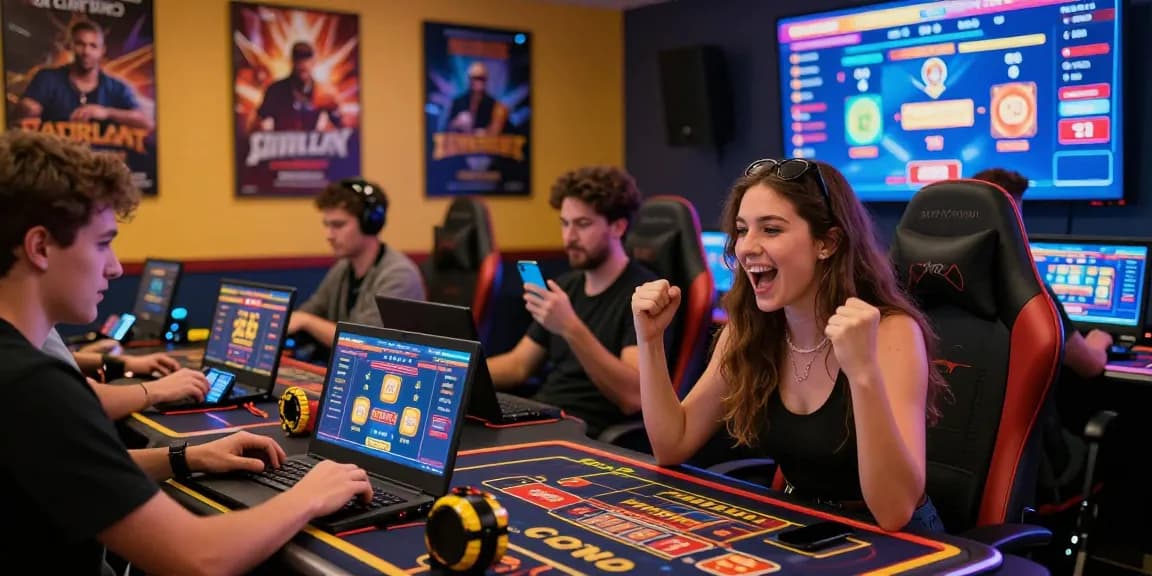 Engaging scene of players celebrating at online casino, showcasing https://rcnhca.org.uk exciting games and bonuses.