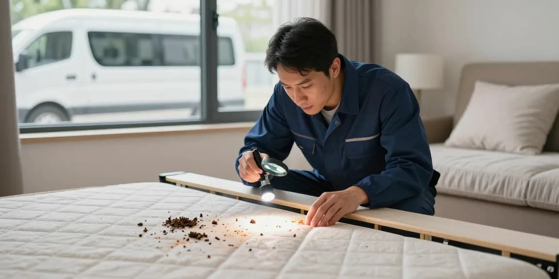 Bed bug heat treatment service in Milwaukee home, professional inspecting bed frame for pests.