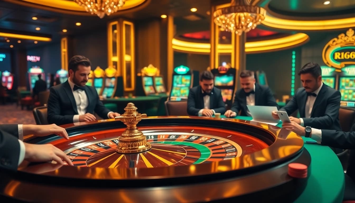 Experience the thrill of gambling with RR88 at an elegant casino table surrounded by vibrant slot machines.