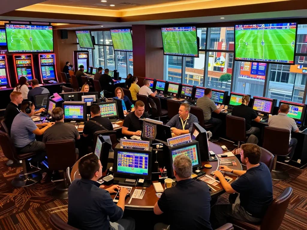 Cakhiatv capital patrons engaged in thrilling sports betting, large screens displaying live matches, vibrant casino atmosphere