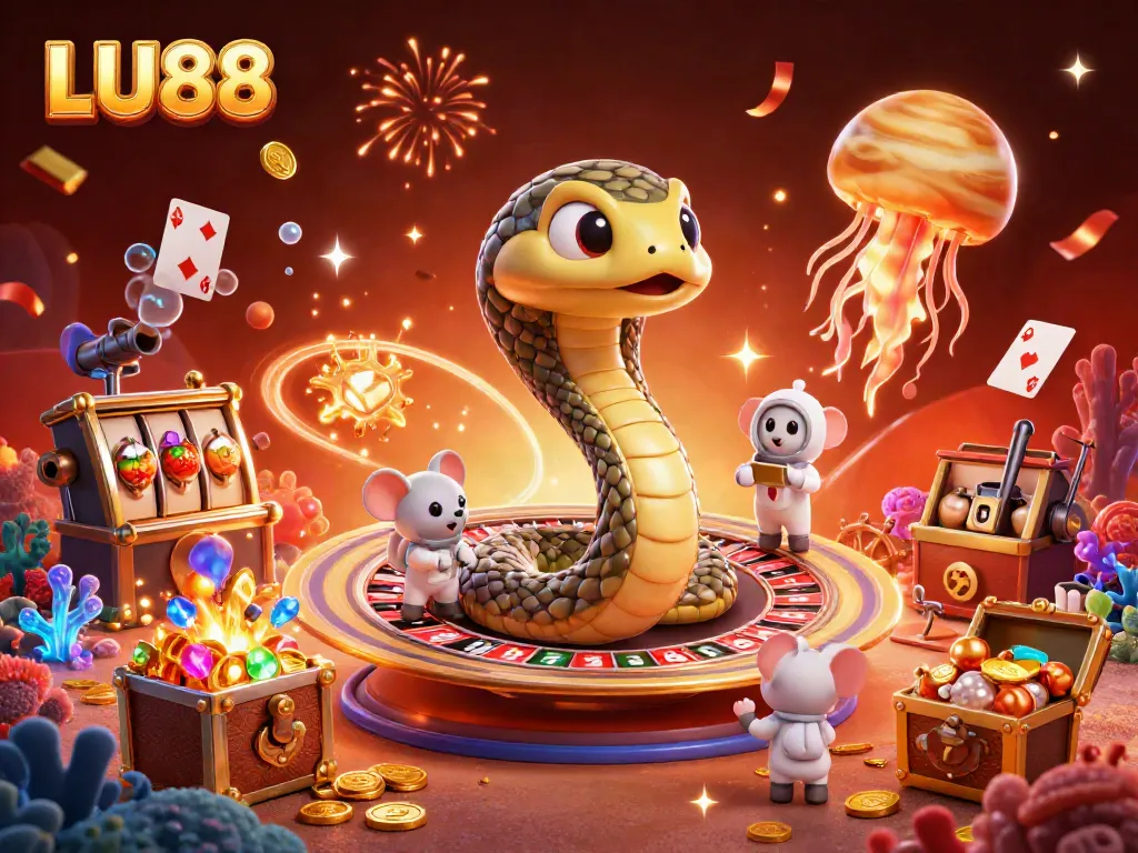 LU88 promotes excitement as astronaut mice bet on a cosmic roulette with vibrant elements.