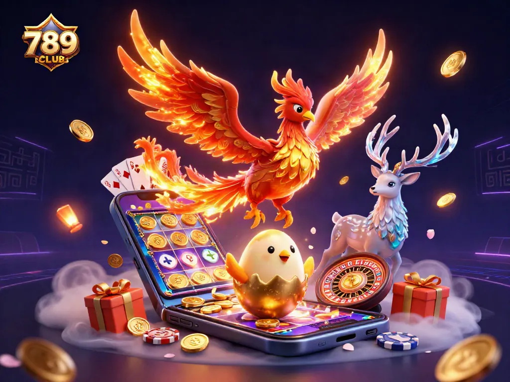Experience vibrant thrills playing at 789CLUB, featuring stunning 3D art of casino elements.
