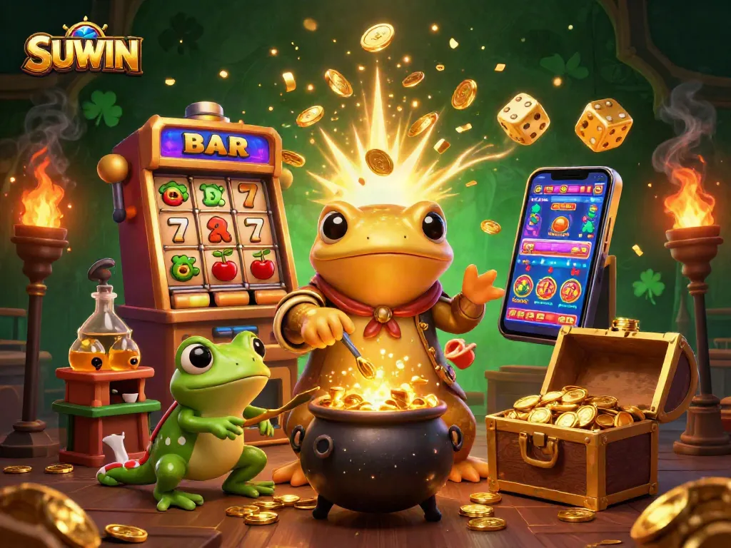 Suwin enhances gaming excitement as a giant salamander alchemist transforms elements into gold in a vibrant casino.