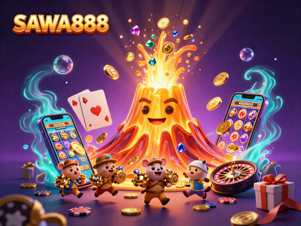 Experience the excitement of SAWA888, featuring a golden volcano erupting coins and thrilling gaming elements.