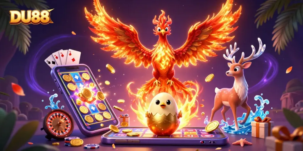 Join DU88 as the phoenix soars with thrilling jackpots, showcasing epic casino gaming elements.