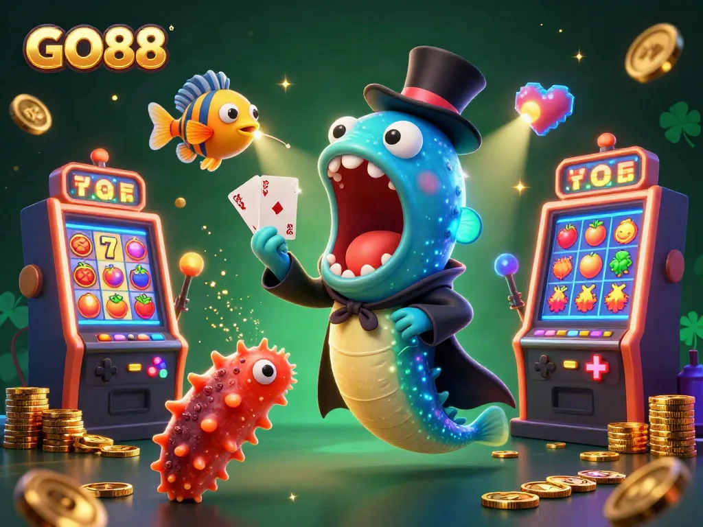 Experience thrilling wins with GO88, featuring dazzling 3D slot elements and vibrant casino characters.
