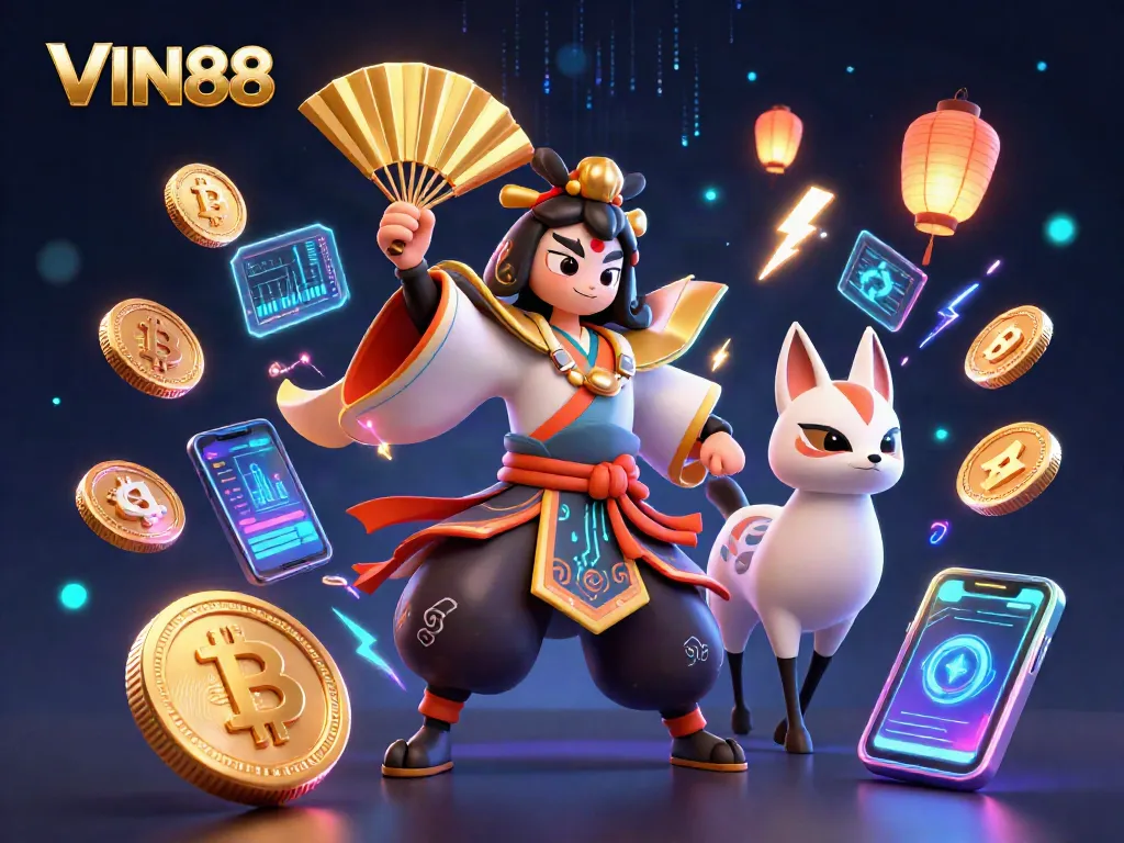 Engage with VIN88 and explore vibrant online gaming experiences alongside a kabuki warrior character in this rich, illustrated scene.