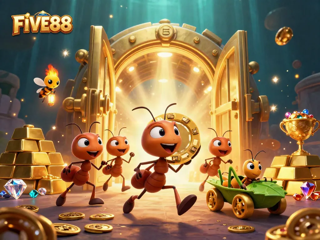 Engage with FIVE88's thrilling atmosphere depicting a team of animated ants on an adventurous heist.