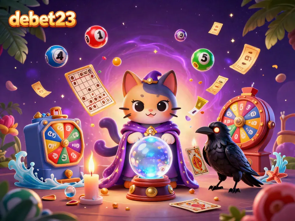 Experience the thrill of debet23's vibrant casino scene with a cartoon mystic cat, tarot raven, and colorful lottery elements.