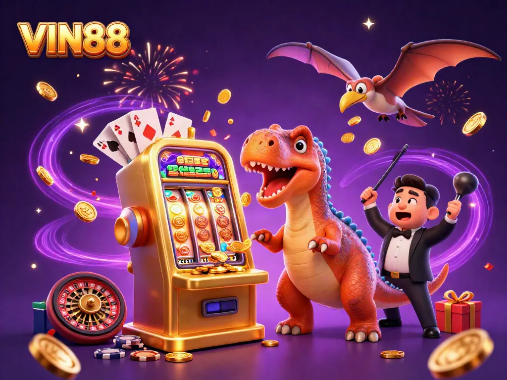 VIN88 slot machine pays out with dinosaur characters creating a vibrant casino scene full of coins.