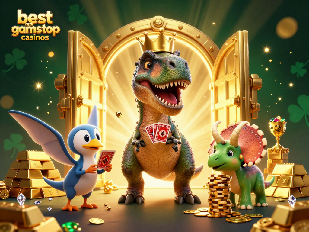 Engage with the best non gamstop casinos through a vibrant 3D illustration of a T-Rex shuffling cards.