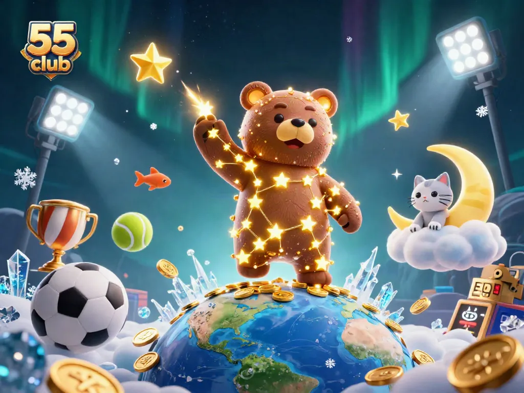 Experience excitement with 55 club as a golden bear scoops coins amid lively gaming elements.