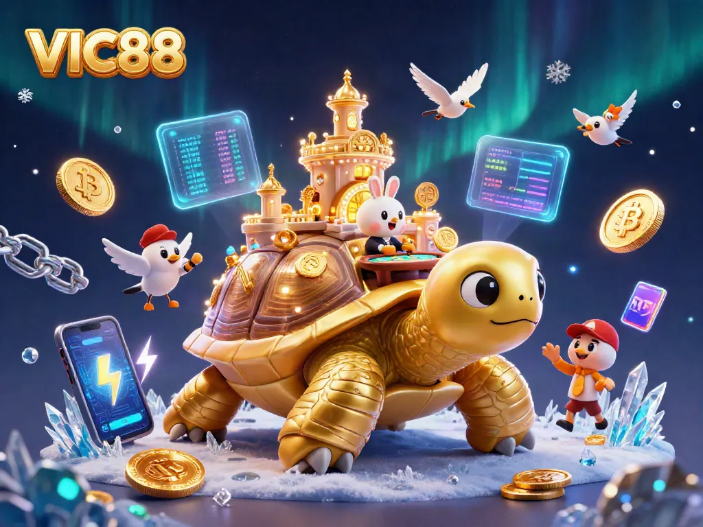 Engage with VIC88's vibrant 3D digital casino experience featuring a unique tortoise and exciting game elements.
