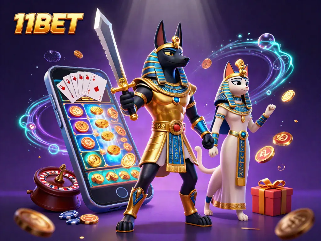 Engage in thrilling casino adventures with 11BET featuring Anubis and Bastet in a dynamic scene.