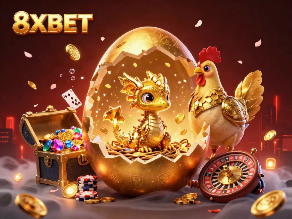 Experience the thrill of winning at 8XBET with a golden dragon guardian and vibrant casino elements.