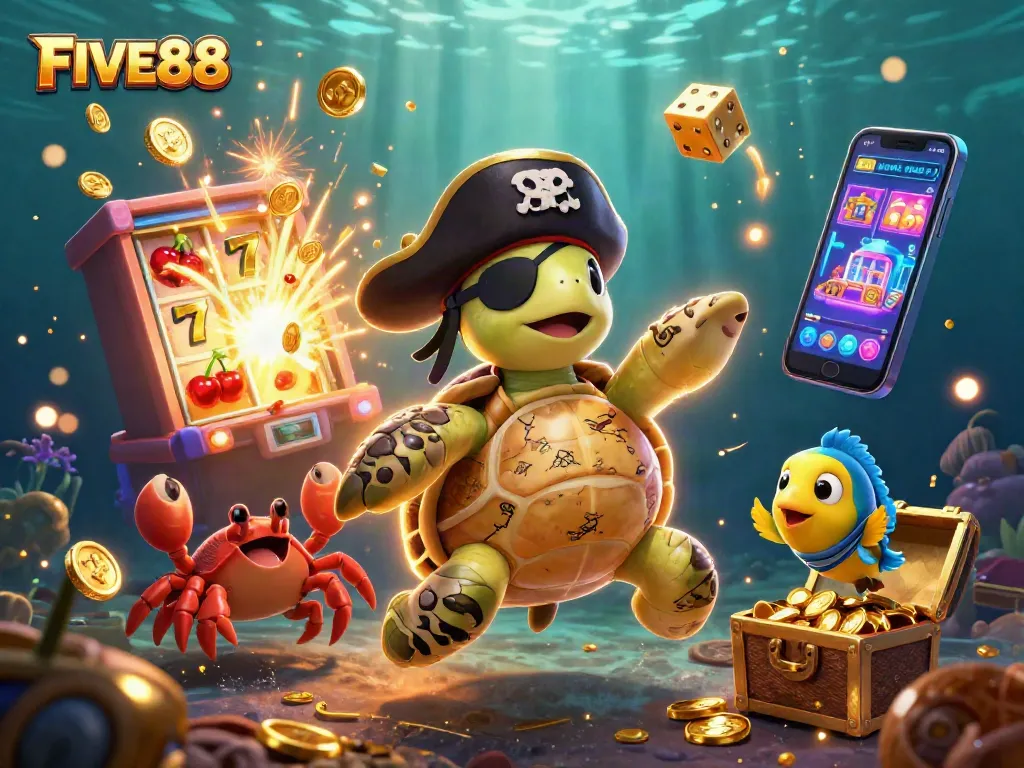 Experience thrilling gameplay at FIVE88 with a pirate turtle and treasures in an enchanting underwater casino