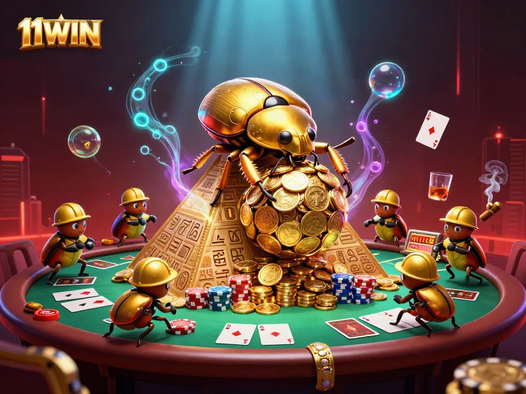 Engage with 11WIN's vibrant casino adventure featuring animated beetles, golden coins, and poker elements.
