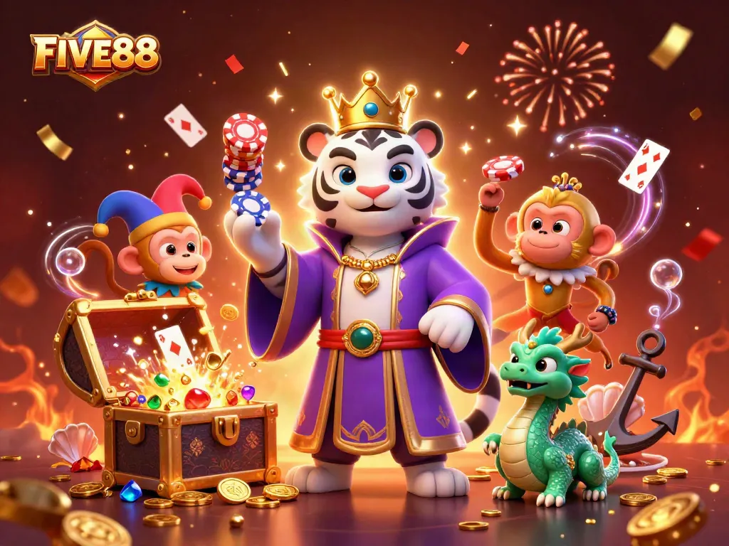 Experience the excitement of FIVE88's casino with a vibrant illustration featuring a majestic tiger and playful monkey.