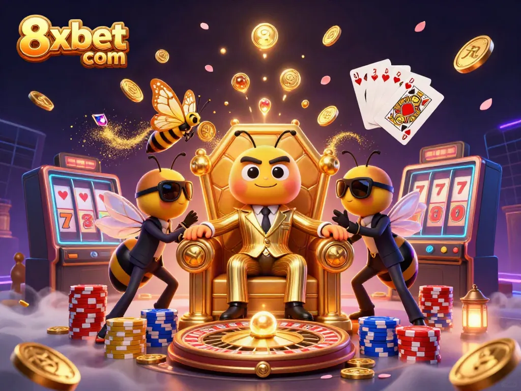 Engage with 8xbet com in a rich casino-themed scene featuring a mob boss and his entourage.