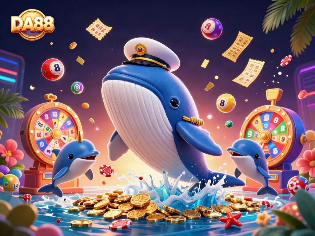 Engage in thrilling gameplay with DA88: cartoon whale breaching coins, dice, and poker chips.