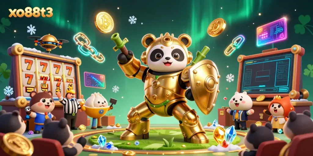 Engage in thrilling gaming with xo88t3's mech-suit panda in a vibrant casino-themed arena.